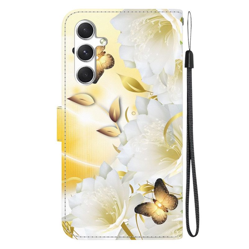 Flip Cover Samsung Galaxy S24 5g Gylden Sommerfugl Og Blomster Med Rem