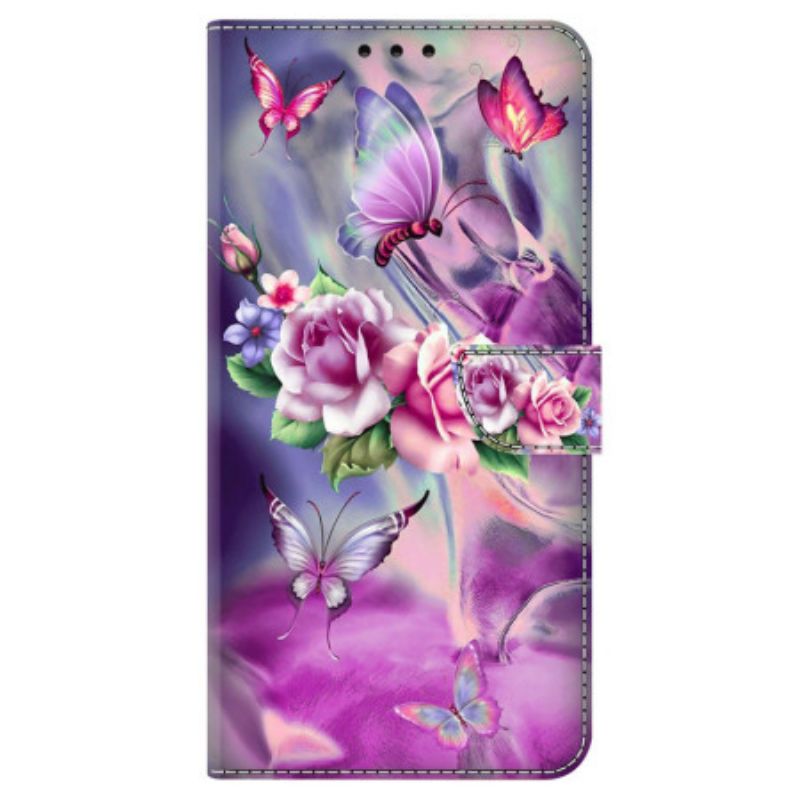 Flip Cover Til Samsung Galaxy S24 5g Sommerfugle Og Violette Blomster