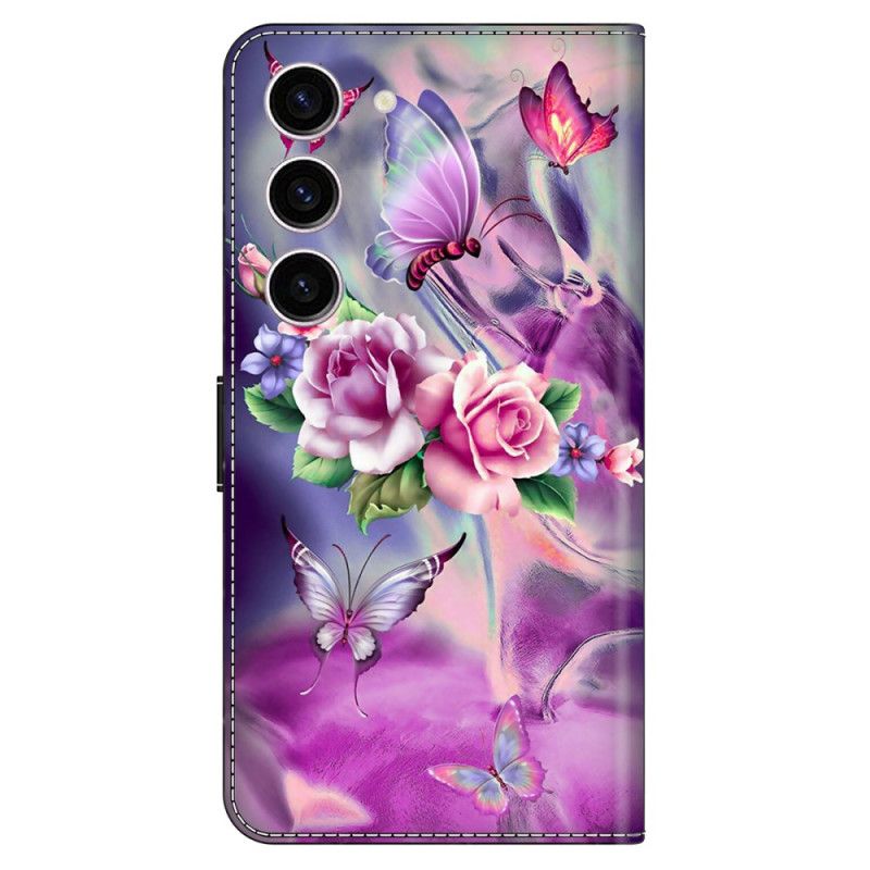 Flip Cover Til Samsung Galaxy S24 5g Sommerfugle Og Violette Blomster