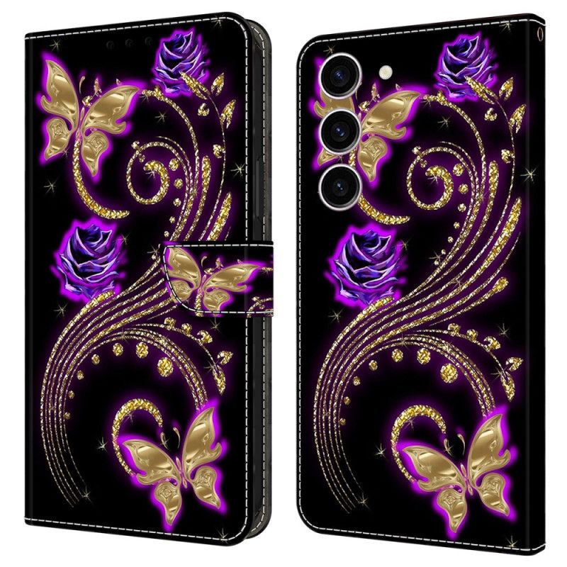 Flip Cover Til Samsung Galaxy S24 5g Violette Blomster Og Sommerfugle