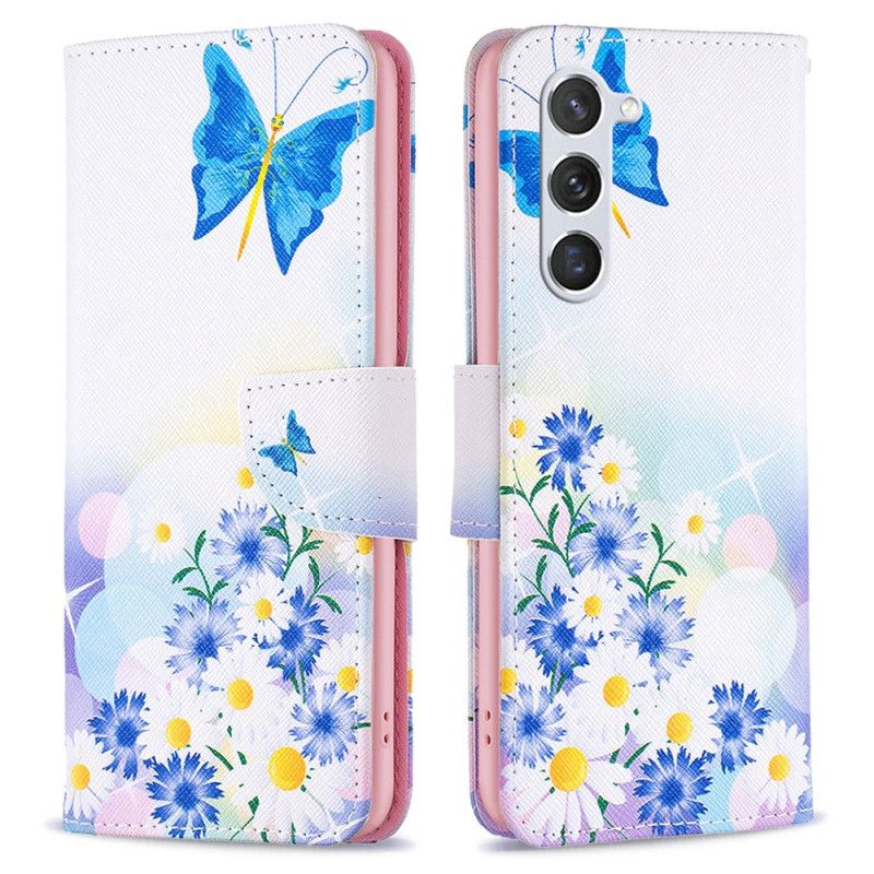 Læder Cover Samsung Galaxy S24 5g Telefon Etui Blå Sommerfugle Og Blomster