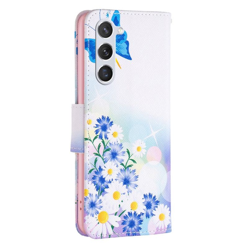 Læder Cover Samsung Galaxy S24 5g Telefon Etui Blå Sommerfugle Og Blomster