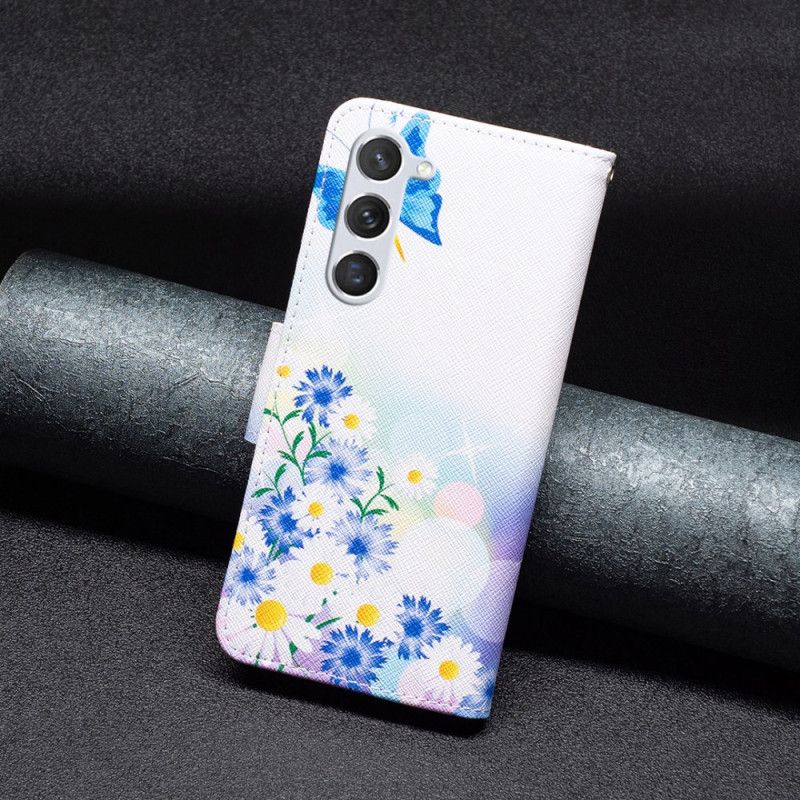 Læder Cover Samsung Galaxy S24 5g Telefon Etui Blå Sommerfugle Og Blomster