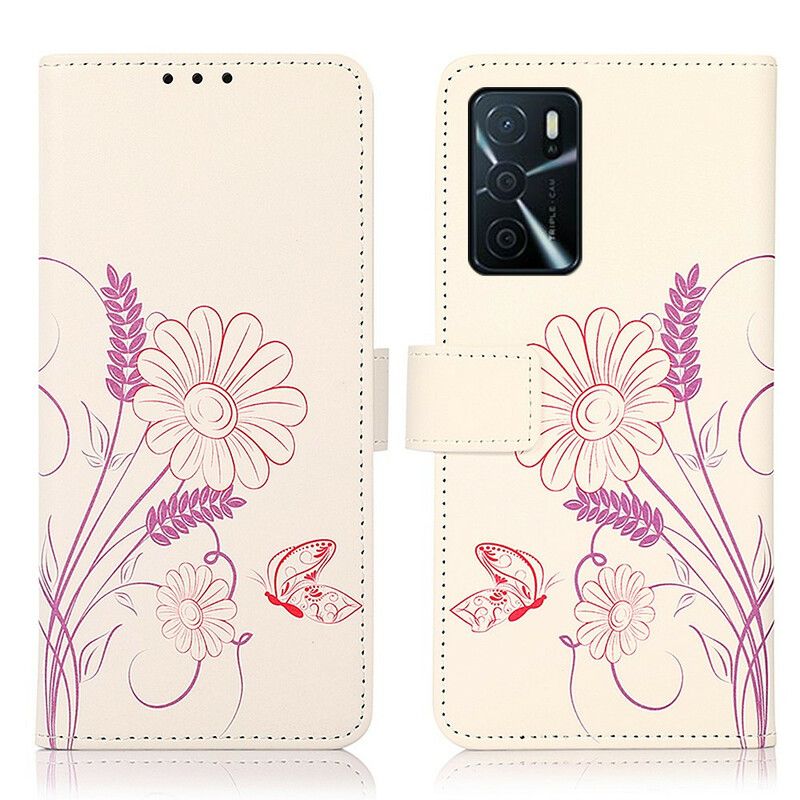 Flip Cover Oppo A16 / A16s Tegning Sommerfugle Og Blomster