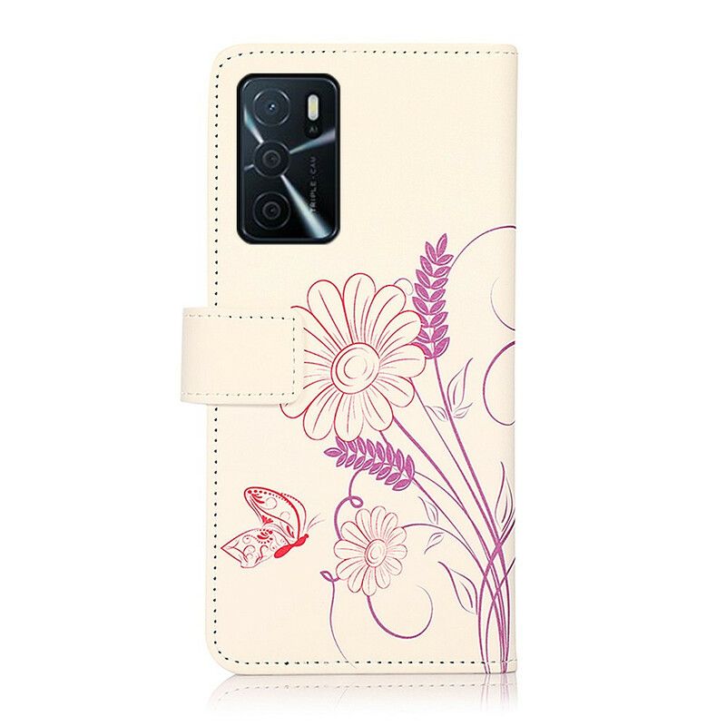 Flip Cover Oppo A16 / A16s Tegning Sommerfugle Og Blomster