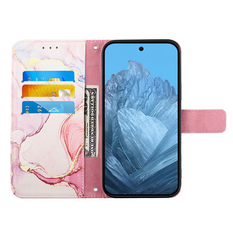 Læder Cover Google Pixel 9 Pro Telefon Etui Marmoreret Strappy Style