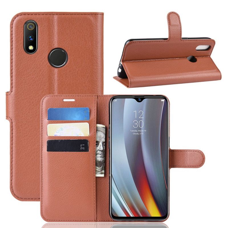 Flip Cover Læder Oppo Realme 3 Pro Lilla Lychee Imiteret Læder Original