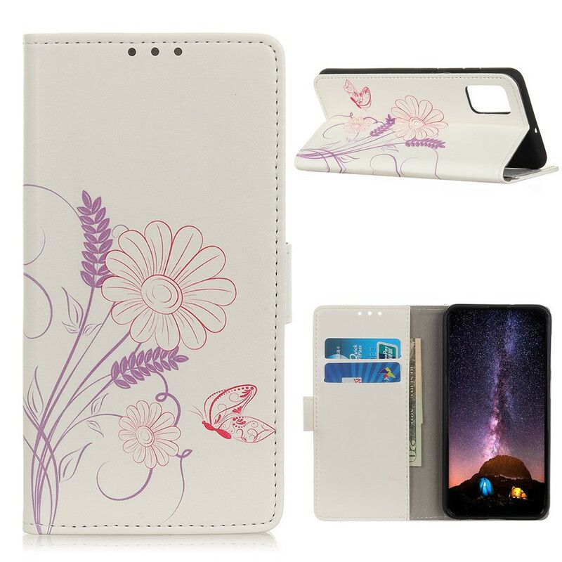 Flip Cover Xiaomi Redmi 9t Tegning Sommerfugle Og Blomster