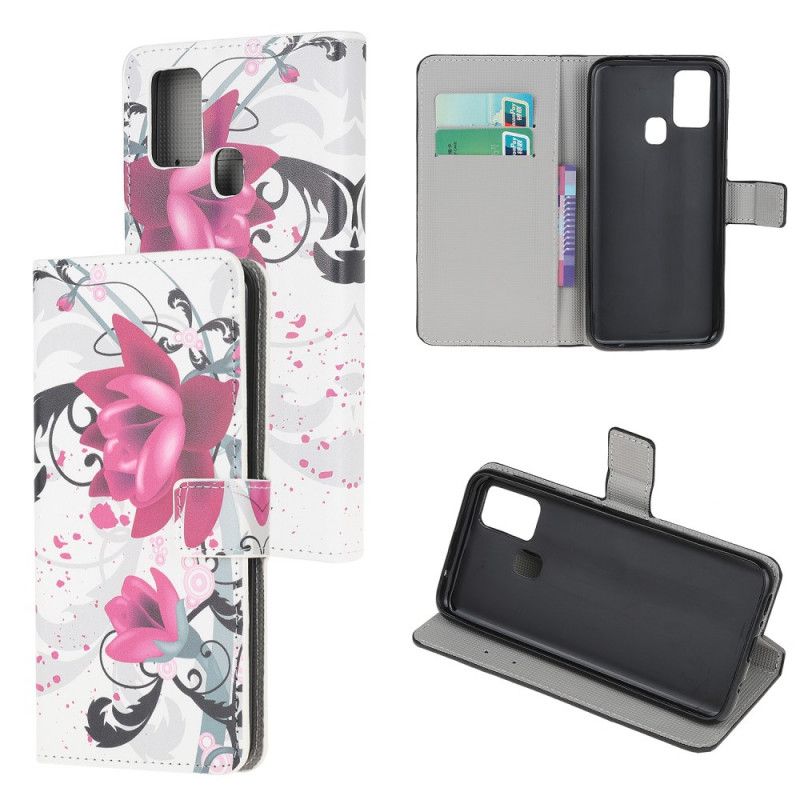 Flip Cover Læder for OnePlus Nord N10 Magenta Tropiske Blomster