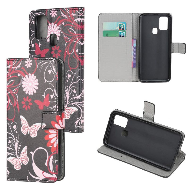 Flip Cover Læder for OnePlus Nord N10 Sort Sommerfugle Og Blomster