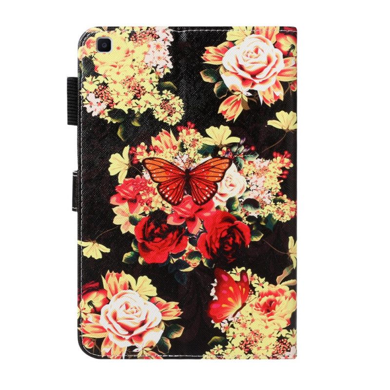 Flip Cover Læder Samsung Galaxy Tab A 8" (2019) Sort Sommerfugle På Blomster