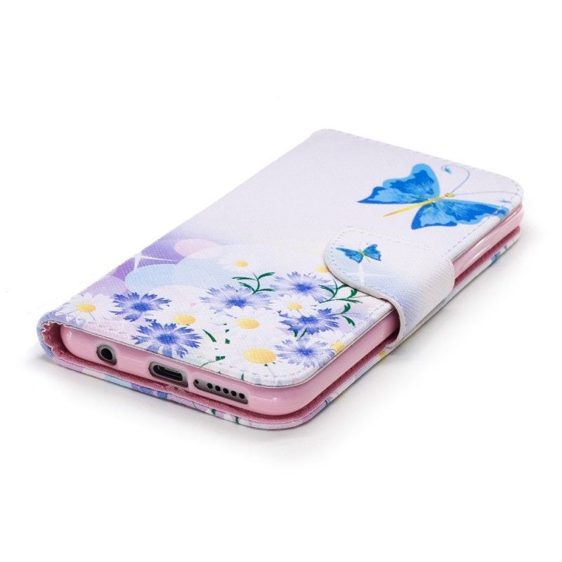 Flip Cover Læder Honor 10 Magenta Malede Sommerfugle Og Blomster Original