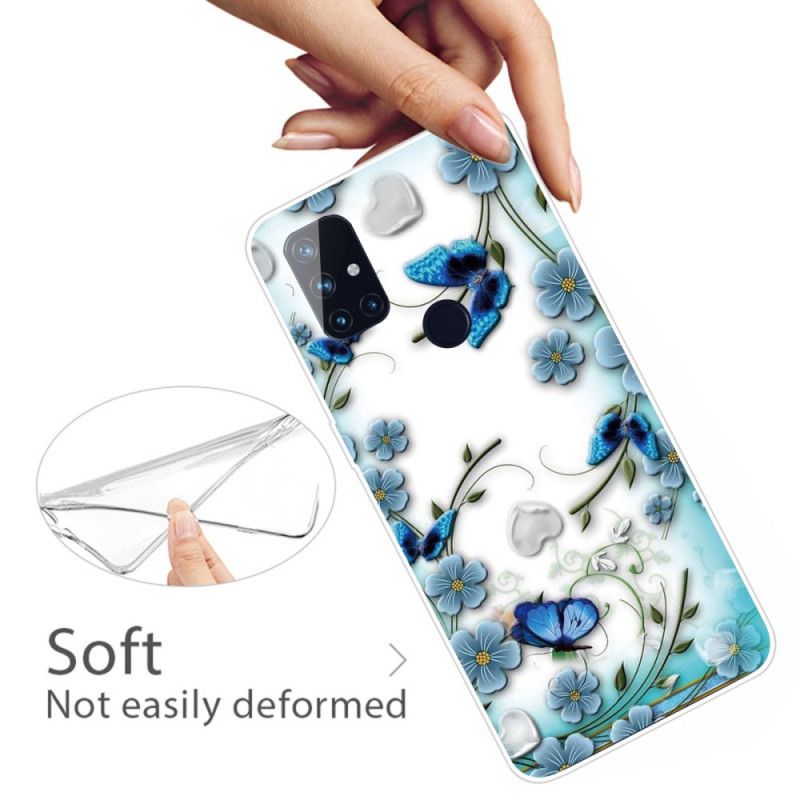 Cover OnePlus Nord N100 Mobilcover Gennemsigtige Retro Sommerfugle Og Blomster