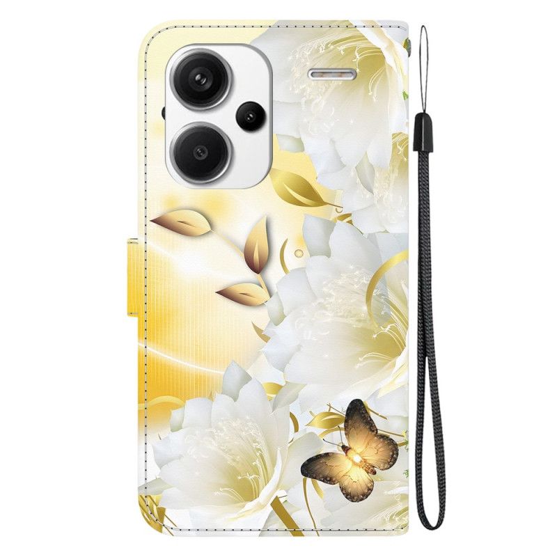 Flip Cover Xiaomi Redmi Note 13 Pro Plus 5g Gyldne Sommerfugle Og Hvide Blomster Med Rem