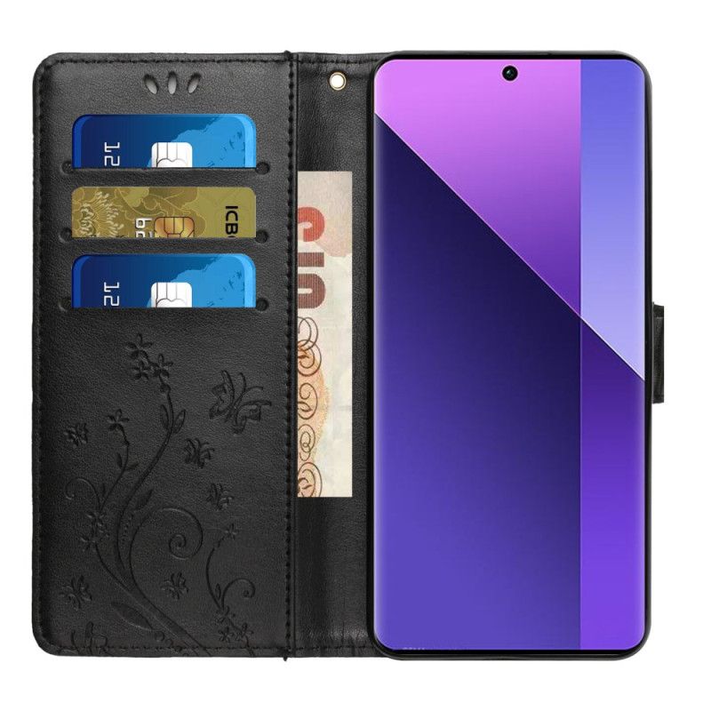 Læder Cover Xiaomi Redmi Note 13 Pro Plus 5g Blomster Og Sommerfugle Med Snor