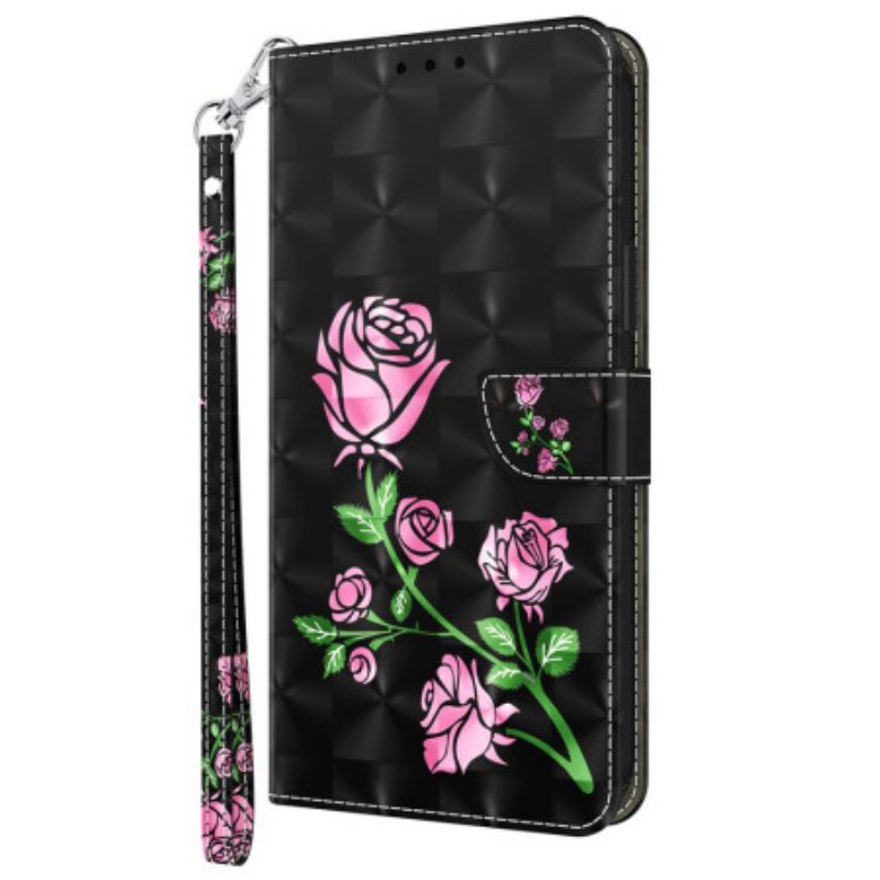 Læder Cover Xiaomi Redmi Note 13 Pro Plus 5g Telefon Etui Lyserøde Blomster Med Rem