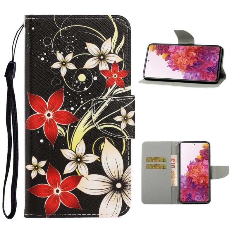 Flip Cover Læder for Samsung Galaxy S20 FE Farverige Blomster Med Rem