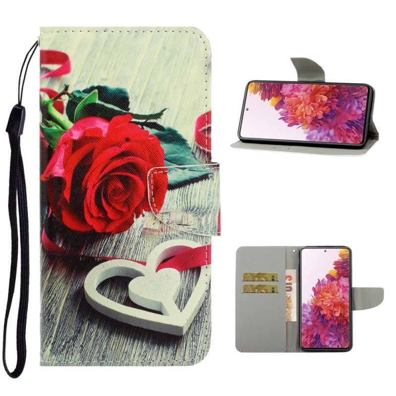 Flip Cover Læder for Samsung Galaxy S20 FE Romantisk Rose Med Rem