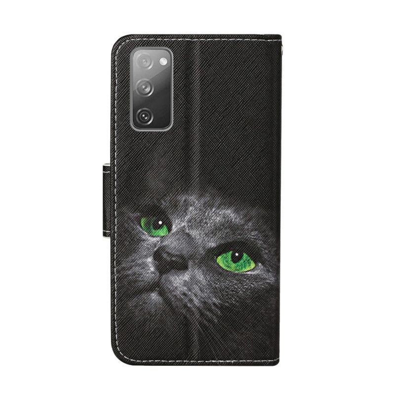 Flip Cover Læder Samsung Galaxy S20 FE Kat Med Grønne Øjne Med Rem Beskyttelse