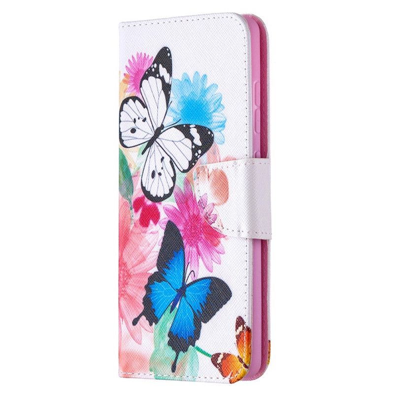 Flip Cover Læder Samsung Galaxy S20 FE Magenta Malede Sommerfugle Og Blomster Beskyttelse