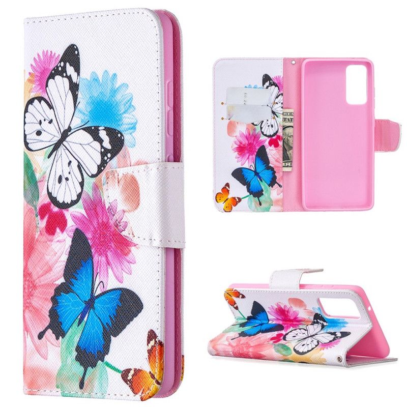 Flip Cover Læder Samsung Galaxy S20 FE Magenta Malede Sommerfugle Og Blomster Beskyttelse