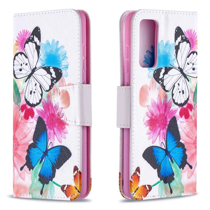 Flip Cover Læder Samsung Galaxy S20 FE Magenta Malede Sommerfugle Og Blomster Beskyttelse