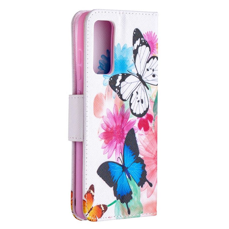 Flip Cover Læder Samsung Galaxy S20 FE Magenta Malede Sommerfugle Og Blomster Beskyttelse