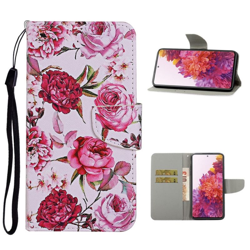 Flip Cover Læder Samsung Galaxy S20 FE Magenta Mesterlige Blomster Med Rem