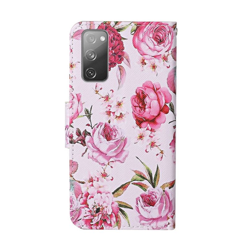 Flip Cover Læder Samsung Galaxy S20 FE Magenta Mesterlige Blomster Med Rem