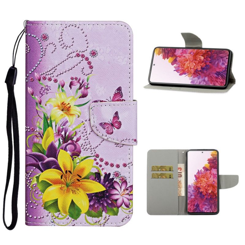 Flip Cover Læder Samsung Galaxy S20 FE Magenta Mesterlige Blomster Med Rem