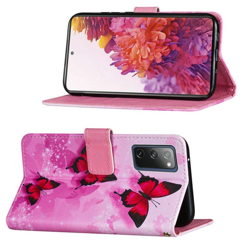 Flip Cover Læder Samsung Galaxy S20 FE Magenta Sommerfugle I Kunstlæder