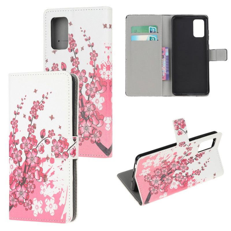 Flip Cover Læder Samsung Galaxy S20 FE Magenta Tropiske Blomster