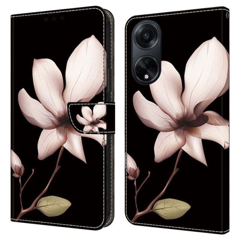 Flip Cover Til Oppo A98 5g Lyserød Blomst På Sort Baggrund