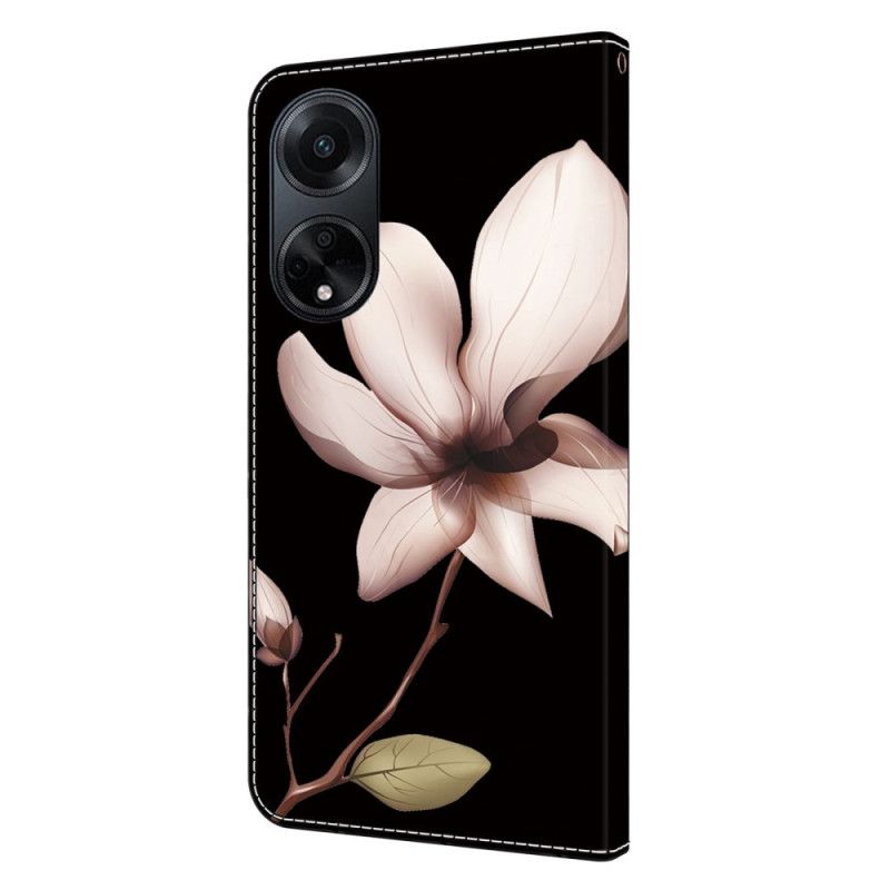 Flip Cover Til Oppo A98 5g Lyserød Blomst På Sort Baggrund