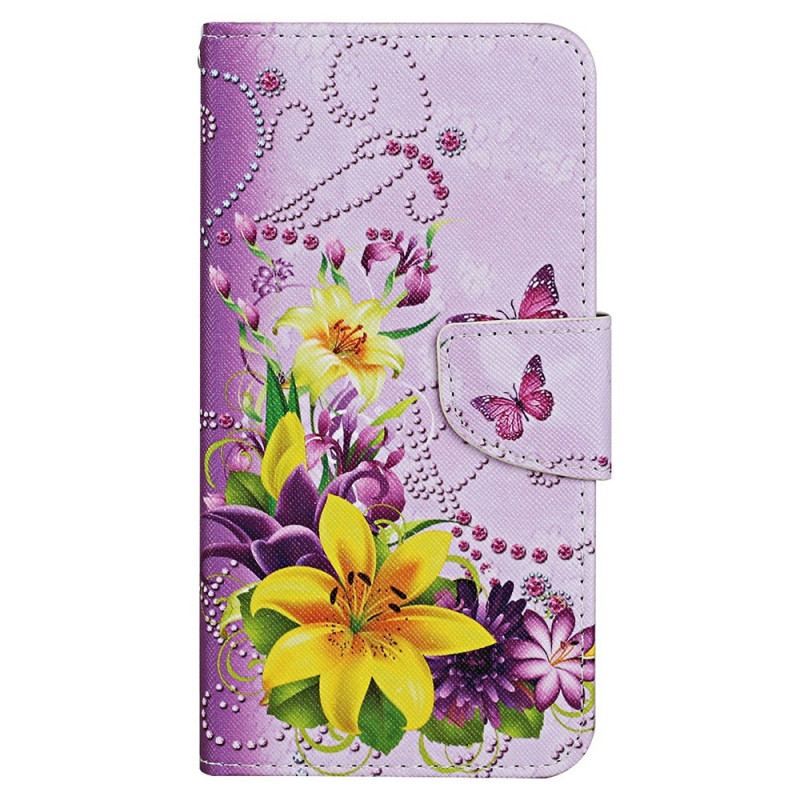 Flip Cover iPhone 15 Med Snor Sommerfugle Og Blomster Med Rem