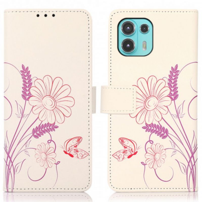 Flip Cover Til Motorola Edge 20 Lite Tegning Sommerfugle Og Blomster