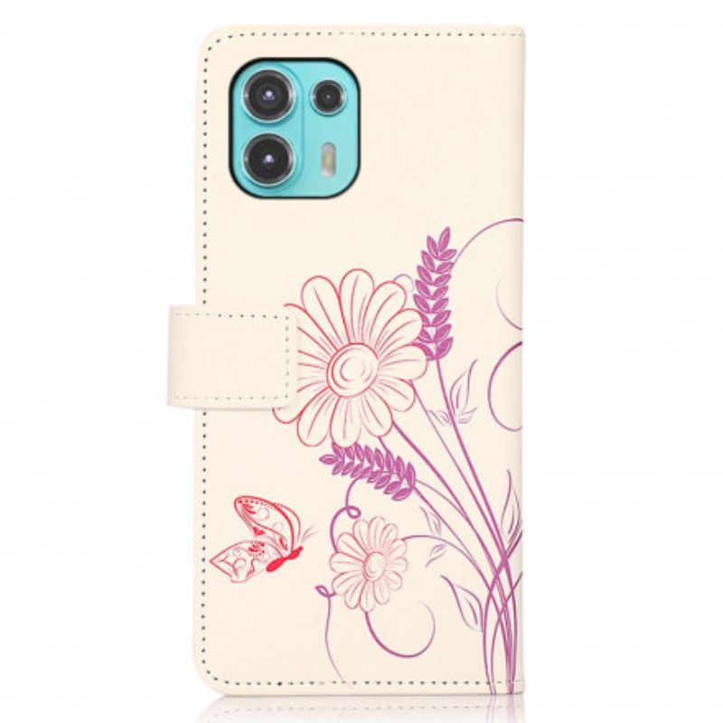 Flip Cover Til Motorola Edge 20 Lite Tegning Sommerfugle Og Blomster