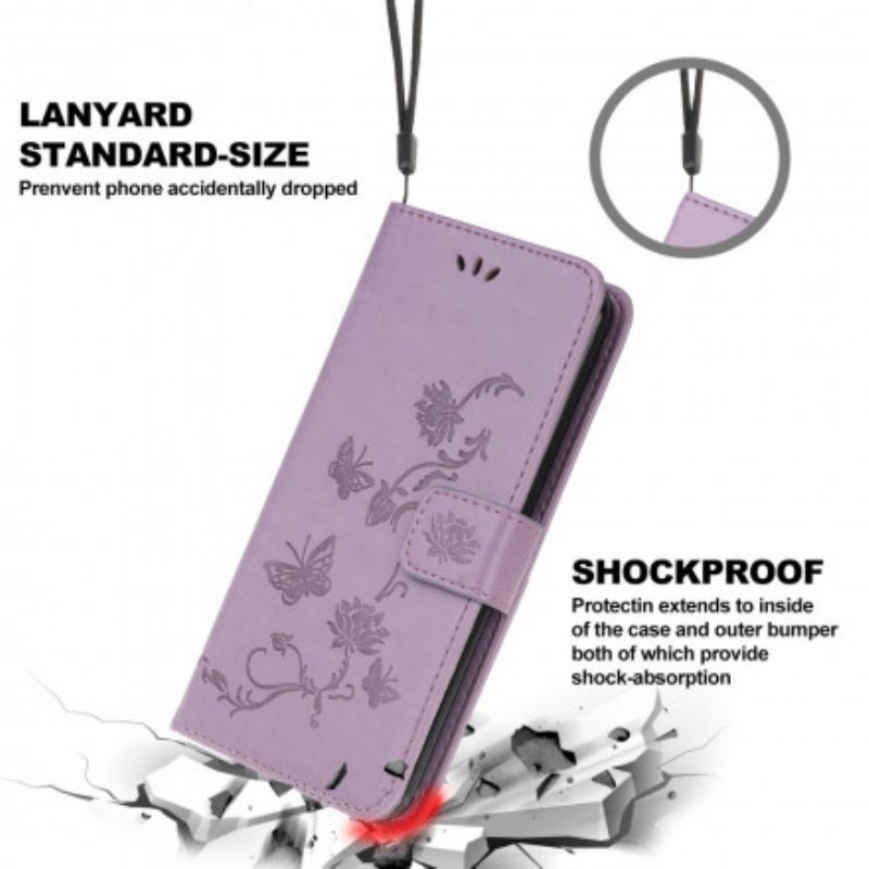 Læder Cover Motorola Edge 20 Lite Sommerfugle Og Blomster Strappy