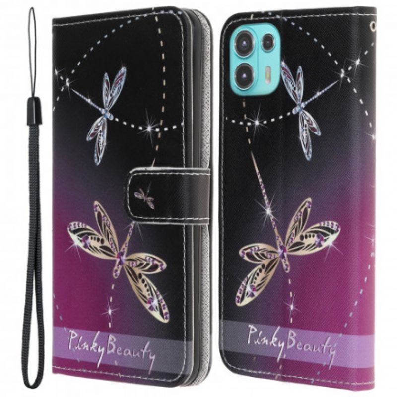 Læder Cover Motorola Edge 20 Lite Strappy Dragonflies