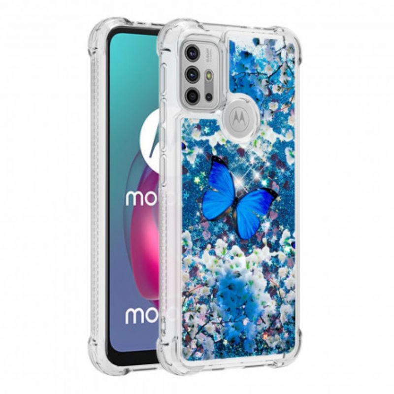 Cover Moto G30 / G10 Blå Glitter Sommerfugle