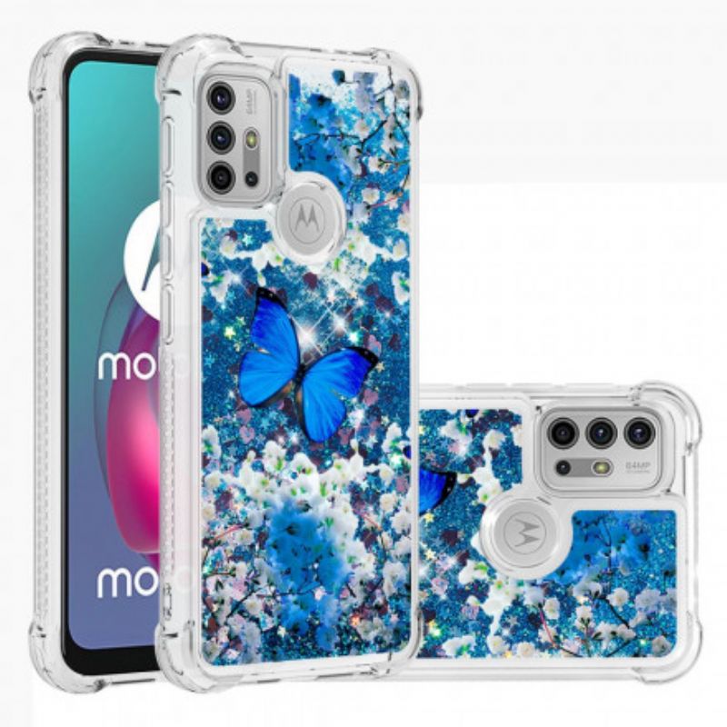 Cover Moto G30 / G10 Blå Glitter Sommerfugle