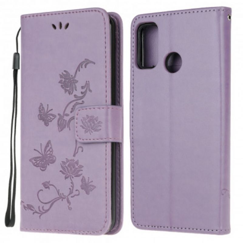 Læder Cover Moto G30 / G10 Telefon Etui Sommerfugle Og Blomster Strappy