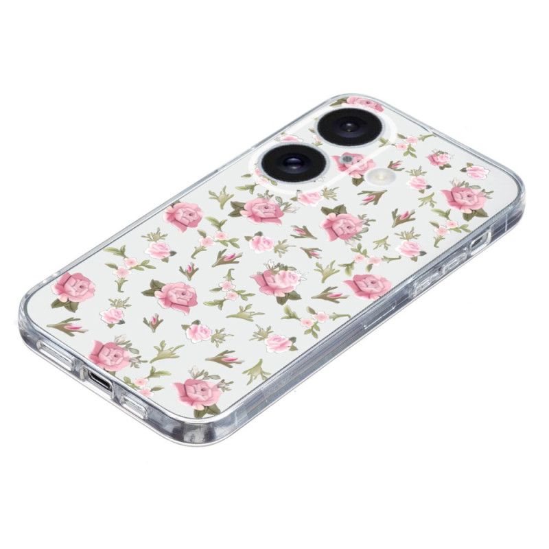 Cover iPhone 16 Transparent Edge Pink Flowers