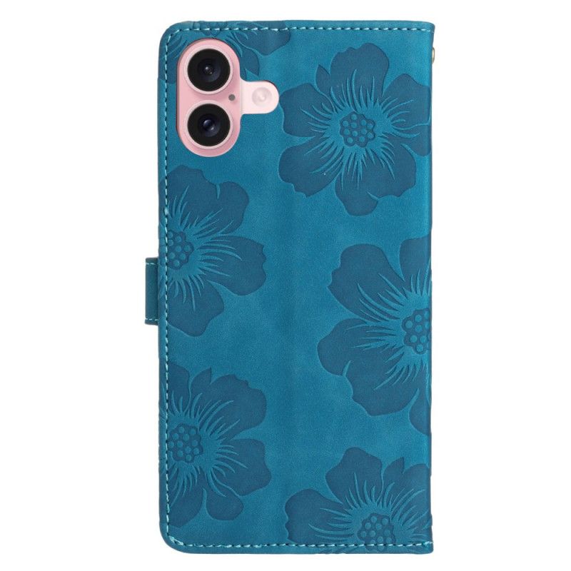 Flip Cover iPhone 16 Blomstermønster Med Rem