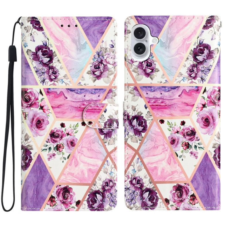 Flip Cover iPhone 16 Lilla Blomster Med Rem