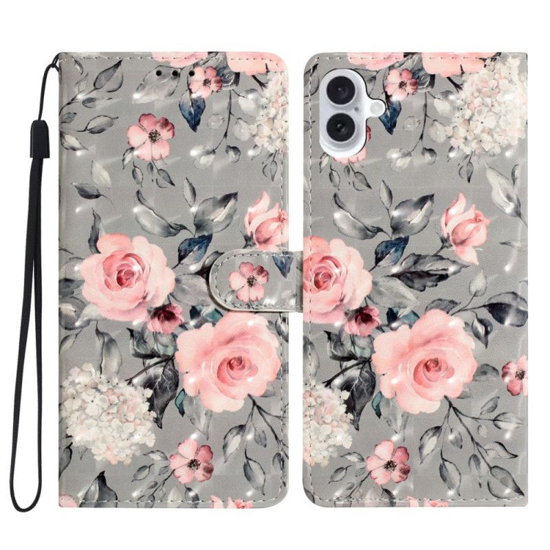 Læder Cover iPhone 16 Blomstertryk Med Rem