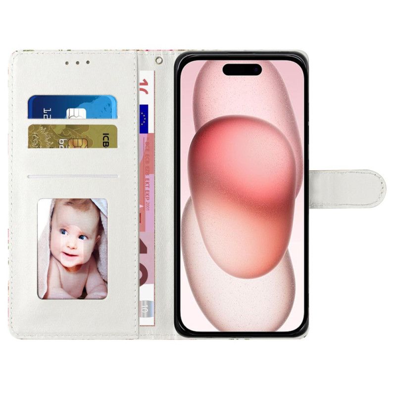 Læder Cover iPhone 16 Blomstertryk Med Rem