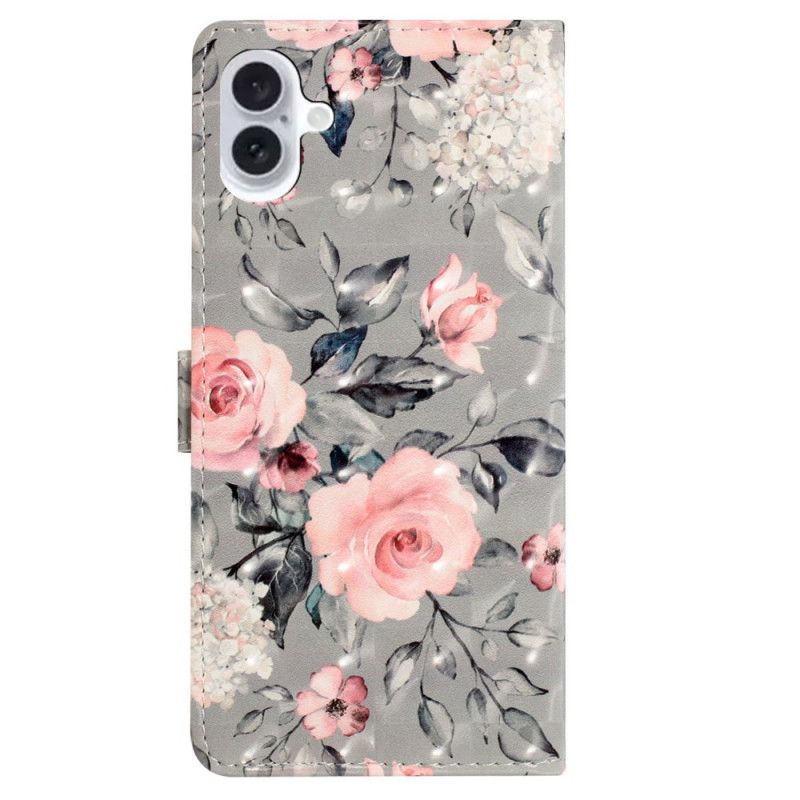 Læder Cover iPhone 16 Blomstertryk Med Rem