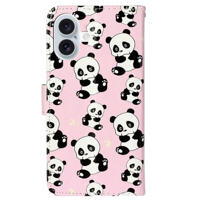 Læder Cover iPhone 16 Lanyard Pandaer