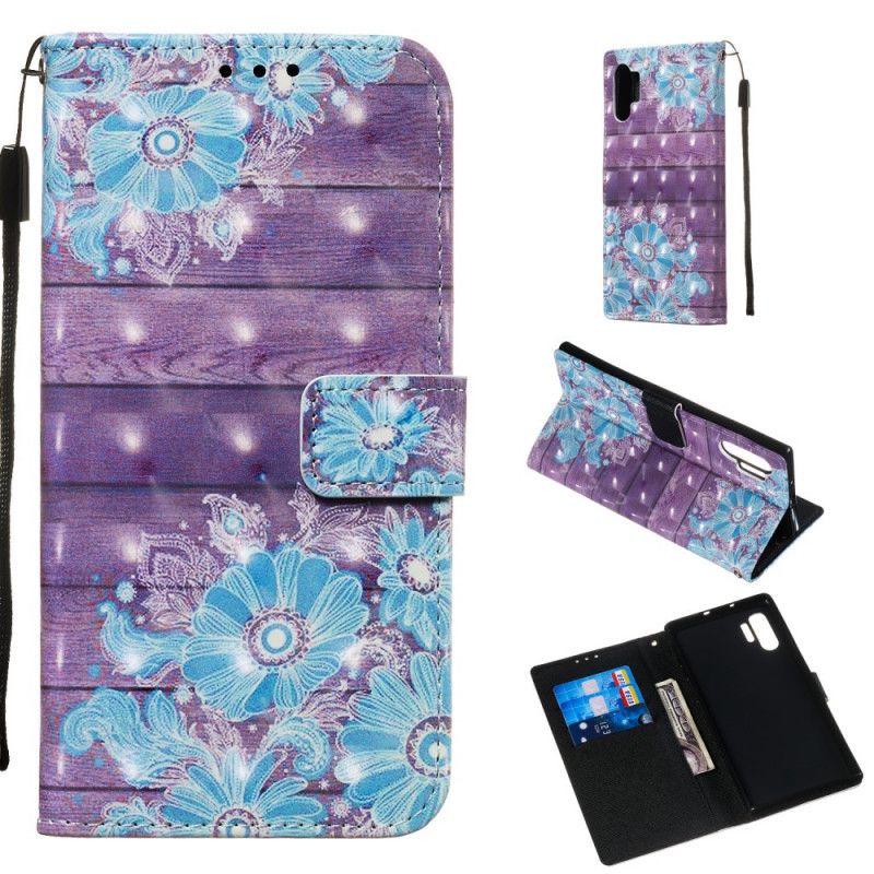 Flip Cover Læder for Samsung Galaxy Note 10 Plus Blå Blomster Med Rem